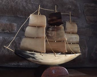 Vintage Cow Horn sailboat. Decorative sailboat made from Cows horn. Seaside decor. Sailing decor.