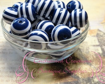 20mm Navy Blue and White Striped Beads Qty 10