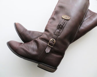80s Leather Riding Boots BROWN Flat Knee Length Christina Designer Women US Size 7 Euro 37 1/2
