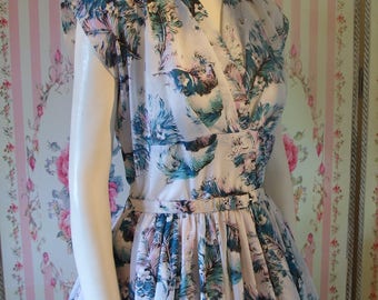 Beautiful Vintage 1950s Novelty Feather Print Day Dress by Rhona Roy S M Small Medium 27 28 Waist