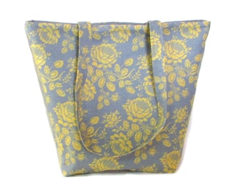 Gray Floral Tote Bag, Yellow Flowers, Cloth Purse, Fabric Bag, Handmade Bag, Shoulder Bag, Fabric Handbag