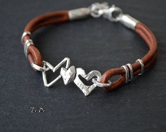 Sterling Silver Heart Leather Bracelet Artisan Bracelet Italian Leather Charm Bracelet Love bracelet BOHO Modern Unique