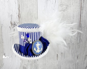 Navy Blue and White Striped Nautical Anchor Medium Mini Top Hat Fascinator, Alice in Wonderland, Mad Hatter Tea Party, Derby Hat