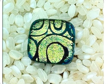 Dichroic Glass Feature Button - Silvered Metal Loop Back .. Iridescent Colours Green Blue Gold .. Black Swirls Pattern .. 15mm