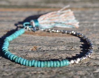 Turquoise Heishi Beads Hill Tribe Silver Beaded Bracelet - Handstrung - Sterling Silver Tassel Bracelet