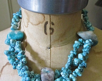 Vintage Choker Turquoise Stones Necklace/ Silver Beads