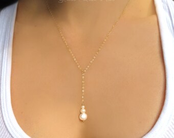 Pearl Y Necklace, Simple Pearl Necklace, Dainty Pearl Drop Necklace, Long Pearl Necklace, Bridal Pearl, Freshwater Pearl Bridesmaid Jewelry