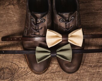 Trendy canvas & leather bow tie, groomsmen bowtie, wedding bowtie