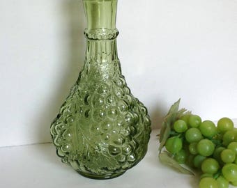 Vintage Green Glass Decanter, Grape Decanter, Glass Decanter, Green Glass Bottle