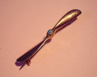 Vintage Gold Propellor Brooch With Turquoise