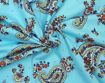 Cotton Lycra Fabric Paisley Flower Print Jersey Knit By The Yard Aqua #6 4/17