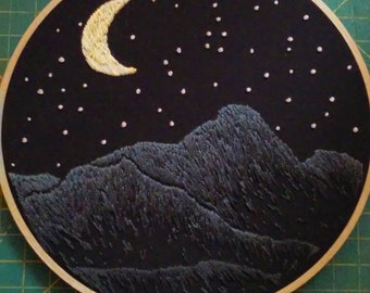 Hand Embroidered 7 inch Nighttime Mountain Landscape Hoop Art