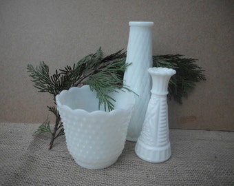 Vintage White Milk Glass Vases Instant Collection Set of Three Christmas Gift Holiday Gifts Home Decor Winter Wedding December Trends