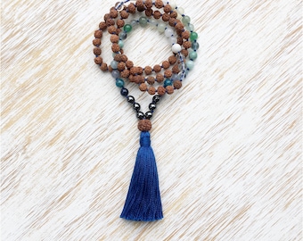 Rudraksha Mala, Mala Necklace, Blue Multi Gemstone Mala, Mala Beads 108, Rudraksha Necklace, Prayer Beads, Buddhist Jewelry, 108 Mala Beads