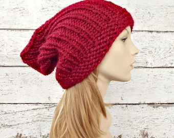 Red Womens Hat Slouchy Hat - Quinn Red Gnome Beanie - Poinsettia Red Knit Hat - Red Hat Red Beanie Red Gnome Hat Womens Accessories