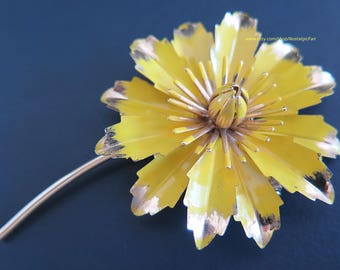 Vintage Yellow Enamel Flower Brooch Gold Tone Stem Pin