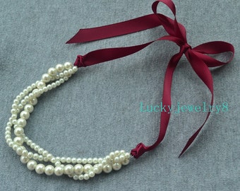 burgundy red ribbon with pearl necklace, pearl and Ribbon necklace,Wedding necklace.bridesmaid necklace.3 rows necklace,glass pearl necklace