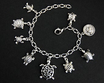 Turtle Bracelet. Sea Turtle Charm Bracelet. Tortoise Bracelet. Turtle Jewelry. Silver Bracelet. Handmade Jewelry.