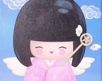 Acrylic painting on canvas: Angel kawaii (kokeshi)