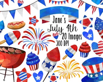 Watercolor 4th of July Clipart - Cute July Fourth Download - Instant Download - Patriotic - BBQ - Bunting - Fireworks - and more!
