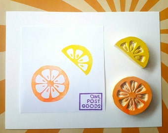Set de fruité agrumes timbre en caoutchouc - plein ou un morceau de citron, ou 2 demi - citron, lime, pamplemousse, orange, fruits