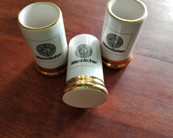 Vintage Shot Glasses Mannlicher Steyr with Gold Trim Advertising Shot Glasses Vintage Barware