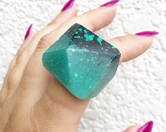 Chunky Geometric Ring - Green Resin Ring - Resin Jewelry - Size 8 Resin Ring - Statement Jewelry - Black and Green Resin Ring- Resin Jewelry