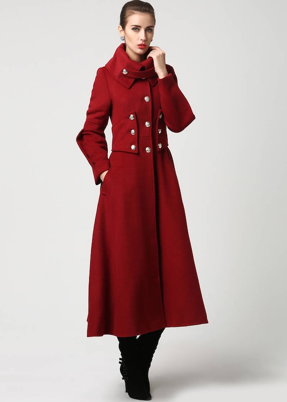 Red wool coat Long coat military Coat maxi coat Women