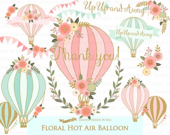 Air Balloon, Hot Air Balloon, Floral, Air Balloon Digital, Glitter Gold, Air Balloon Clip Art - Instant Download - CA146