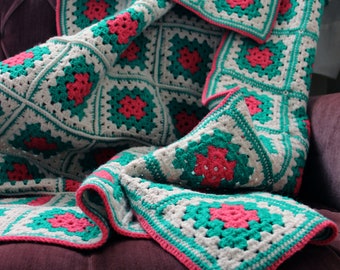 Pink Green Vtg 70s Granny Afghan Chain Squares Blanket Throw