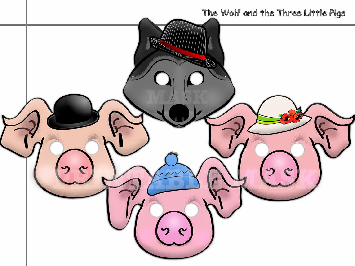 Unique Wolf and the Three Little Pigs Printable Masks party