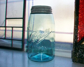 Antique Blue Ball Mason Jar with Sloped Sides Blue Canning Jar Quart 1910 to 1923