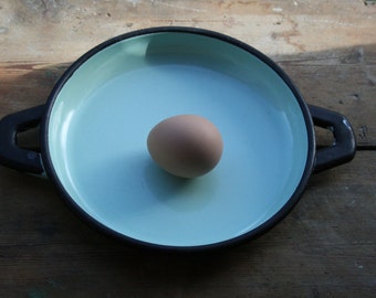 French Vintage Enamelled pan. Mint green and Black enamel pan. Omelette pan, roasting, serving pan.Shabby chic. French rustic country style.
