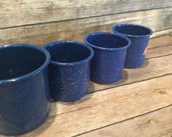 Set of four (4) enamelware blue speckled coffee mugs cups