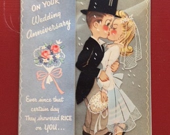Vintage Wedding Anniversary Card from 1940s, Anniversary Card with Bride and Groom