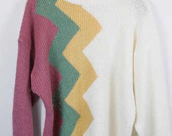 Vintage Sweater, Vintage Knit Pullover, 80s, 90s, pink, white, green, yellow, colorful, pattern, oversized look