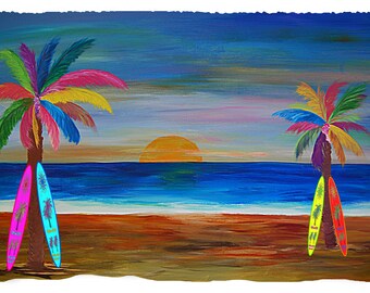 Rainbow sunset palm trees and surfboard coastal home throw blanket o bedding from my original art.