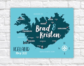 Iceland Travel Map, Personalized Gift, Iceland Honeymoon, Golden Circle, Reykjavik, Engaged in Iceland, Arctic Circle, Blue Lagoon | WF567