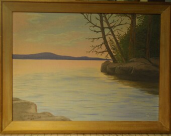 Vintage / antique landscape painting of lake with rock shore and trees
