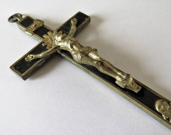 Antique French, Pectoral, Crucifix, Ebony, Brass