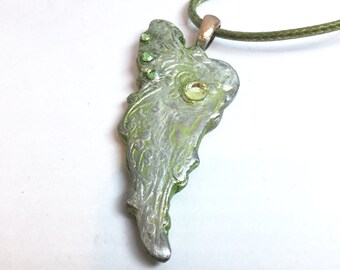 Celestial Heavenly B118 Angel Wing, white bronze - looks like silver, SwarovskiCrystals- 3 are peridot color, 1 is jonquil color , handmade