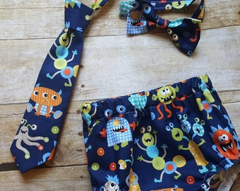 Boys cake smash outfit; Monsters on Navy Diaper Cover and Tie ; Monsters Cake Smash Outfit; Monsters Smash Cake Outfit; Monster 1st birthday