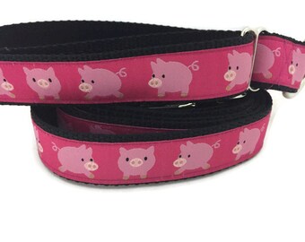 Dog Collar and Leash, Pigs, 1 inch wide, 6ft leash, quick release, metal buckle, chain, martingale, hybrid, nylon