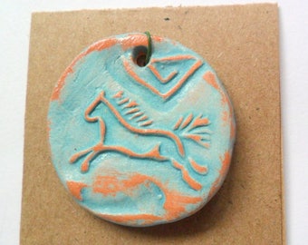 Spirit Horse Pendant Finding, Distressed Turquoise Terra Cotta Kiln Fired Clay