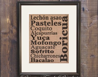 Puerto Rico souvenir, Puerto Rico, Puerto Rico food, Cocina Boricua, Boricua food, Puerto Rican food, Puerto Rico kitchen, Burlap print