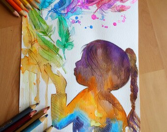 Custom silhouette , Custom portrait painting, Children portrait, girl and feathers, children art original watercolor painting