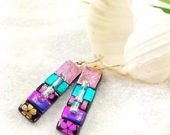 Dichroic fused glass earrings, Fused glass earrings, Hana Sakura, Dichroic rainbow earrings, Trending style, Statement earrings, dichroic