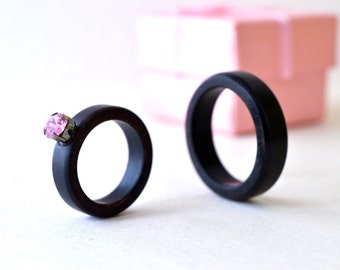 His and Her Ebony Rings, Ebony Ring Set, Wood Wedding Rings, Wood Rings Set, Black Wedding Bands, Black Rings, Ebony Rings, Swarovski