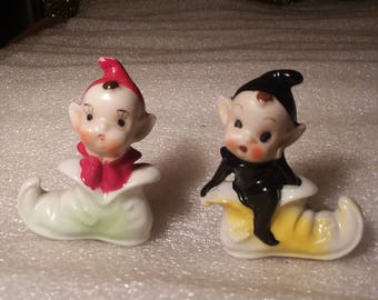 Vintage Hand Painted Set of Christmas Pixie Elves Sitting on Boots Figurines