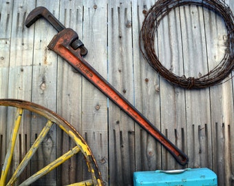 HUGE 48" Rustic Red Ridgid Pipe Wrench: Oversize Industrial Steel Tool w/ Distressed Patina - Giant Mancave / Farmhouse / Bar Wall Hanging